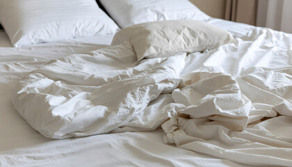 Obraz premium Messy white bed sheets and pillow in morning light