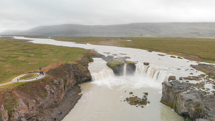 Aerial view landscape of the Godafoss famous waterfall in Iceland. The breathtaking landscape of...