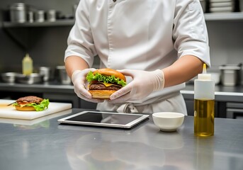Chef Prepares Gourmet Cheeseburger Using Digital Tablet in Commercial Kitchen