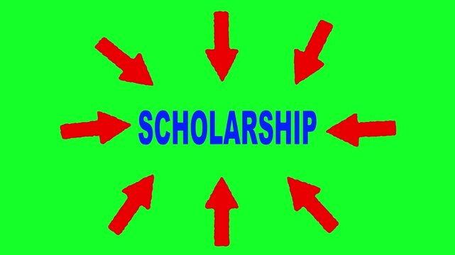 A motion graphic animation featuring the blue word SCHOLARSHIP surrounded by red arrows pointing inward, set against a chroma key green screen background for video editing.