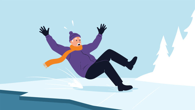 Senior man with a purple jacket and orange scarf falling down after slipping on a slippery ice patch during a cold winter day outdoors.