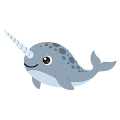Sweet narwhal whale swimming illustration with tusk horn for sea life collection and children design © achmad
