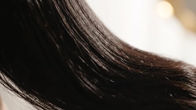 Close-up, rich dark strands of hair cascade, appearing wet and healthy