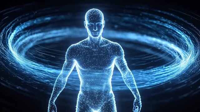 Digital human figure composed of blue light points