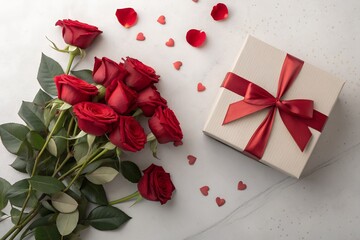 Red roses bouquet and gift box with ribbon, isolated on white background