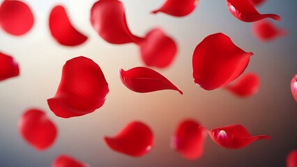 Red rose petals flying in air romantic ambiance love and beauty concept with soft focus and warm lighting