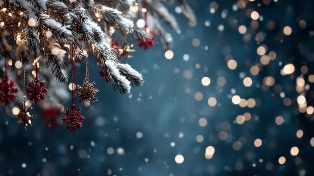 Snow covered pine branches with festive ornaments and glowing lights background