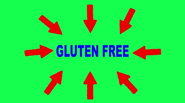 Gluten free diet text in blue surrounded by eight red arrows pointing inward on a bright green background for health and food marketing concepts.