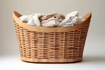 Light colored clothes overflowing a wicker laundry basket against a seamless backdrop
