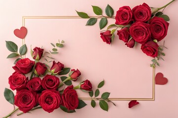 Elegant red roses and golden frame with hearts, isolated on white background
