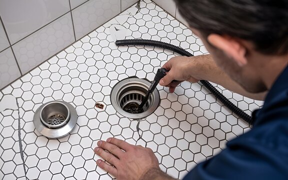 Plumber Unclogging Blocked Shower Drain with Hydro Jetting Sewer Cleaning Service
