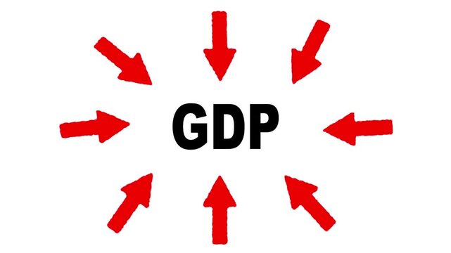 Conceptual illustration featuring the text GDP in bold black letters surrounded by red arrows pointing inwards on a white background, symbolizing economic contraction, recession or a central financial