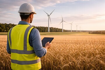 Technician in high visibility vest using a tablet near onshore wind turbines at golden hour, representing monitoring, maintenance, and renewable energy management