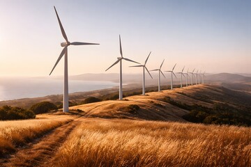 Line of onshore wind turbines across rolling hills in warm evening light, communicating renewable electricity generation and the energy transition