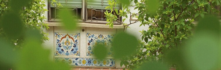 Obraz premium Colorful ceramic tile wall with green foliage in spanish garden