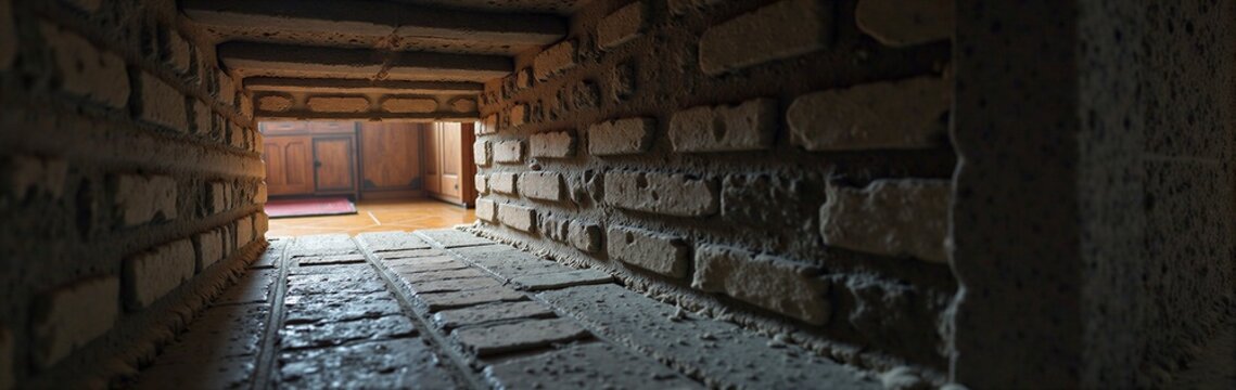 View through a brick tunnel into a wooden room with cabinets and soft lighting