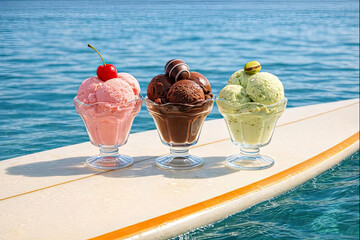 Three ice cream cups with scoops of ice cream are on a surfboard floating in the sea.