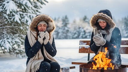 Two Women Warming by Outdoor Fire Pit.