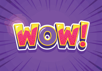 WOW! comic book pop art text effect with motion lines on purple sunburst