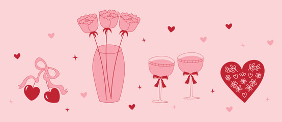 Vintage, flirty hand-drawn illustrations: a vase of roses, two glasses of festive drinks, cherries with ribbon bows, and a heart decorated with flowers. Sweet vector illustrations for weddings, Valent