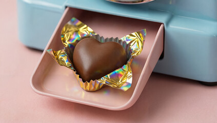 Heart-shaped chocolate emerging from a vintage pastel blue typewriter, romantic concept and sweet treat