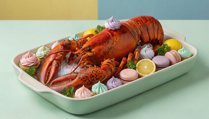 Vibrant lobster presentation with macarons and meringue, gourmet seafood feast for celebratory dining