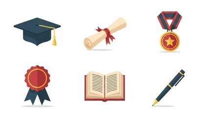 Education symbols graduation cap diploma medals book and pen set