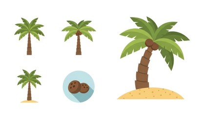Obraz premium Palm trees illustration set vector graphics of tropical plants and coconuts