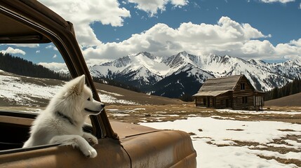 White dog in rusty truck looking at snowy mountains ultra hd photo
