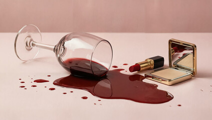 Tilted wine glass spilling red wine near gold cosmetics on a pastel pink background