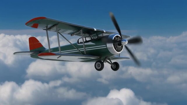 Close-up of vintage biplane flying through fluffy white clouds, warm sunlight, evoking classic aviation nostalgia.