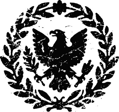 Distressed eagle emblem with laurel wreath vintage heraldic symbol, ornate crest and patriotic design