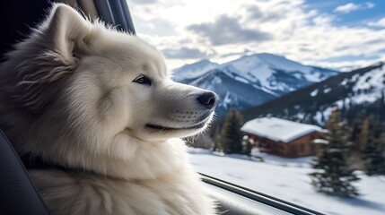 Dog looking out car window at snowy mountains ultra hd photo