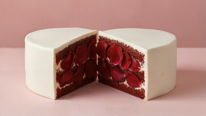 Red velvet cake with rose petals, romantic dessert and celebration concept on a pastel background
