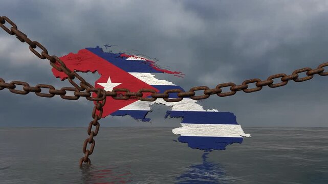 Map of Cuba above water with rusty chains, cloudy sky, military plane, symbolizing embargo tension.
