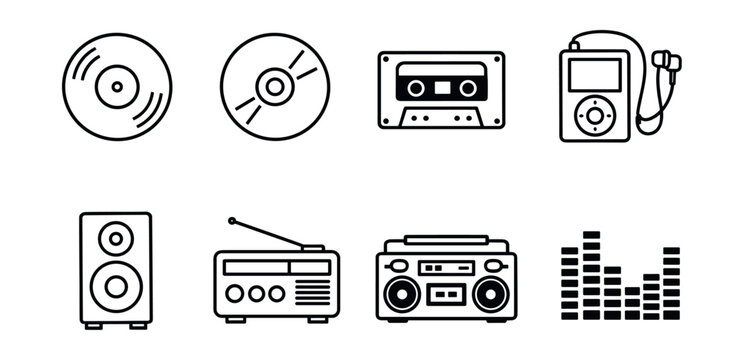 Music and audio equipment outlined icons set