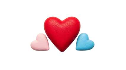 Three colorful heart shapes in red, pink, and blue love symbols isolated on transparent background