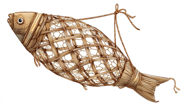 Illustration of a bubu fish trap with a traditional woven bamboo trap isolated on a white background.