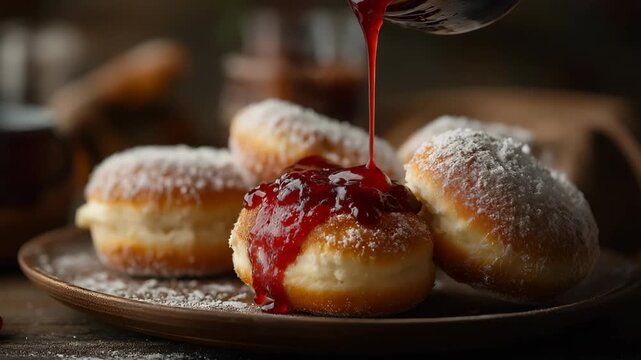 Freshly baked doughnuts, pouring sweet jam 