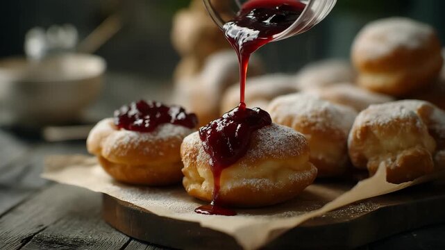 Freshly baked doughnuts, pouring sweet jam 