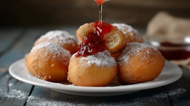 Freshly baked doughnuts, pouring sweet jam 