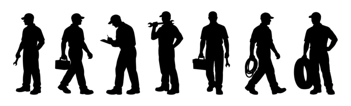 Professional people silhouettes showing technical repair and maintenance work. Black human figures using tools in service and mechanical activities