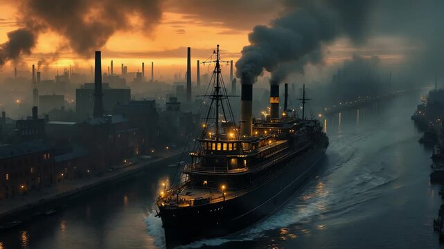 Vessel Moves Out From Busy Port Amid Smoky And Amber Sky Conditions
