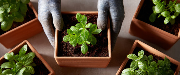 Hands wearing gloves holding a small green basil plant in a terracotta pot surrounded by other potted basil plants on a table