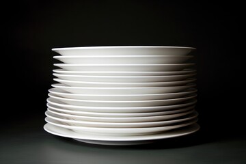 Obraz premium Many white plates stacked together creating a tall cylindrical shape, set against a dark background