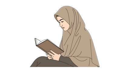 Young woman wearing hijab reading a book intently isolated on a white background educational and cultural learning concept