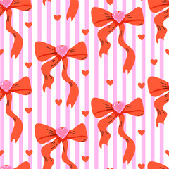 Seamless pattern with flirty red bows and hearts on a striped background. Playful romantic design perfect for Valentine's Day, wrapping paper, textiles, stationery, and decorative backgrounds.