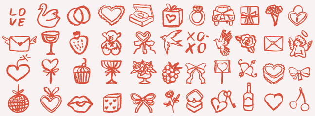 Retro vintage valentines day icons. Doodle sketch drawings in grunge charcoal style for wedding party celebration perfect for posters and invitation cards. Hand drawn chalk elements. © KPstudio
