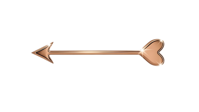 Golden metallic arrow with heart-shaped tail flying isolated on transparent background - Powered by Adobe