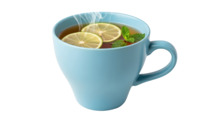 Refreshing light blue teacup with lemon and mint isolated PNG, herbal tea beverage for healthy lifestyle and relaxation